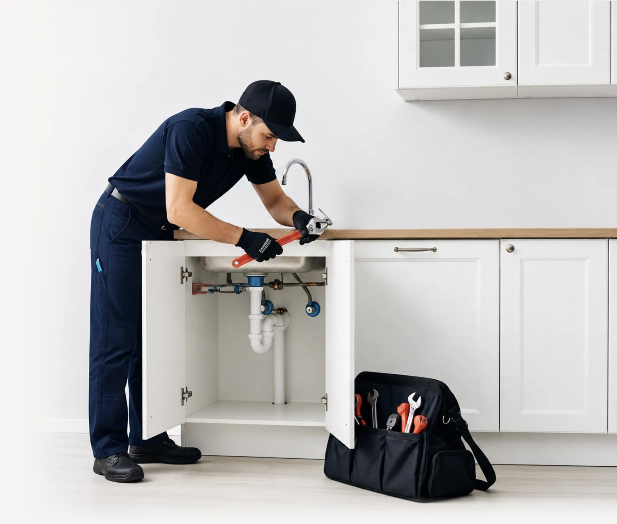 Vetted maintenance technician repairing plumbing under a kitchen sink