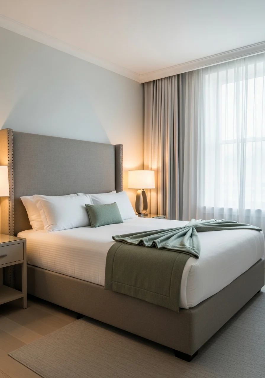 Furnished apartment bedroom with fresh linens