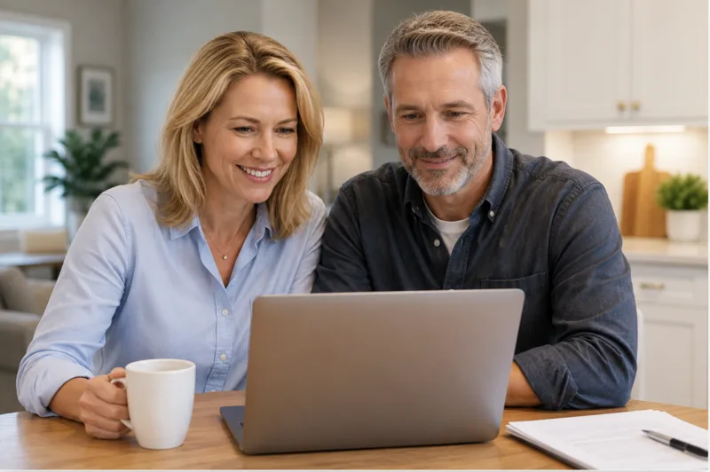 Investor couple self-managing their portfolio with free tools on a laptop at the kitchen counter