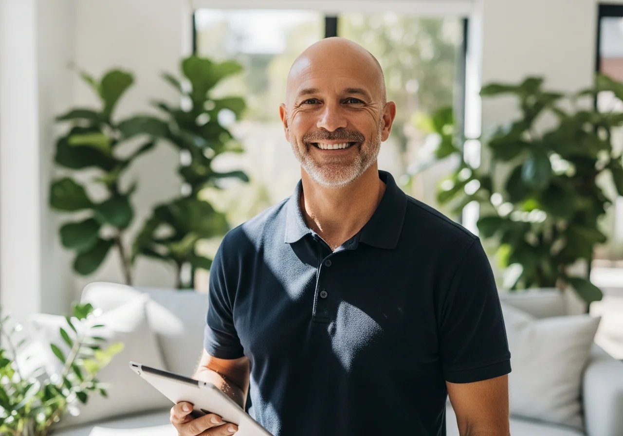 Dedicated portfolio manager handling rentals with tablet in hand