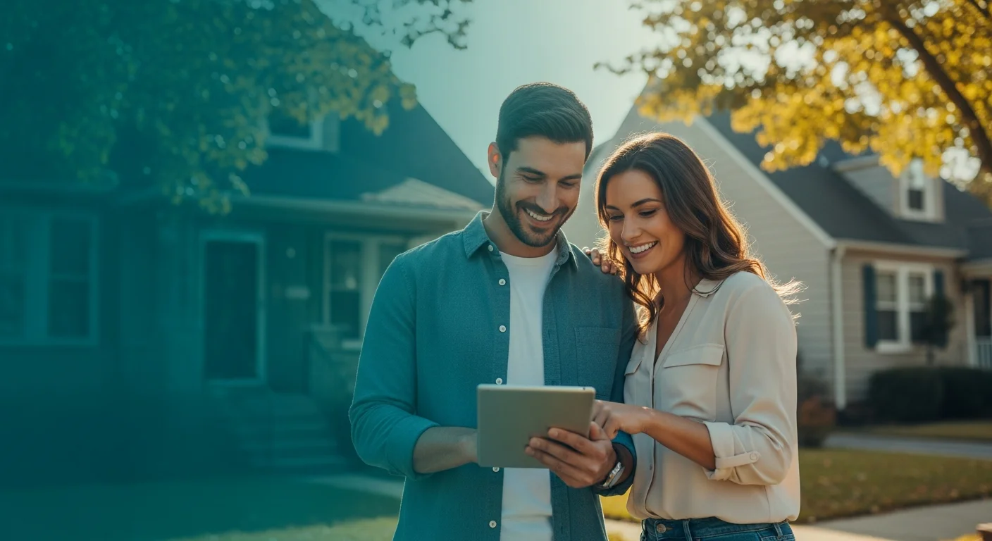 Property owners reviewing the Rent Advance program in front of their rental home