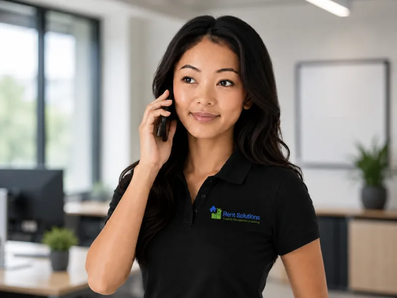 Rent Solutions property manager in a branded black polo talking on her cell phone in a bright office