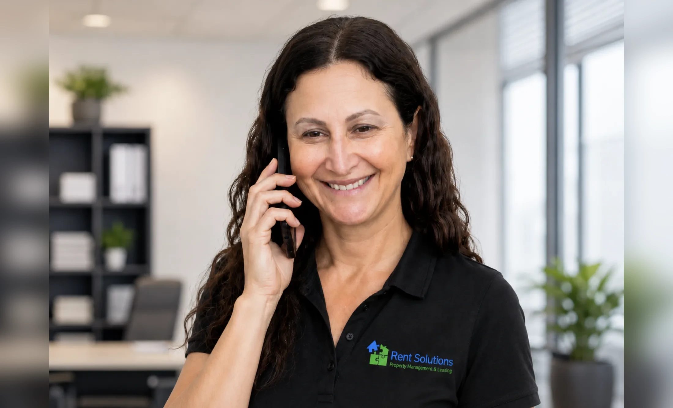 Rent Solutions property manager in a branded black polo talking on her cell phone in a bright office