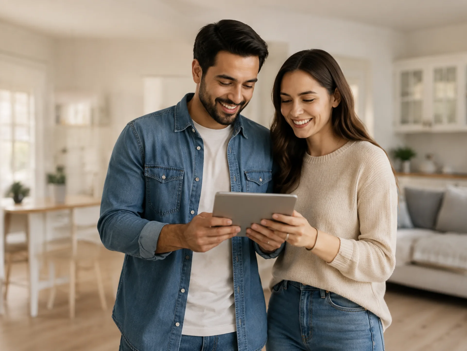 Couple reviewing their rent-to-own plan together on a tablet