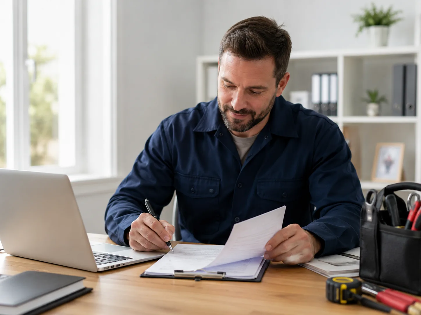 Vendor completing license and insurance paperwork at his desk